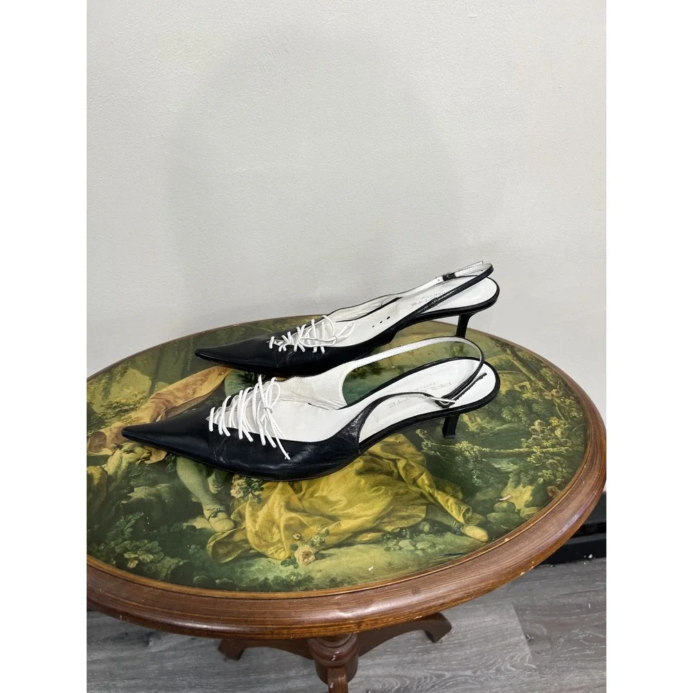 Vintage Paulette Black Leather Pointed Toe Lace Up Slingback Kitten Heels 41